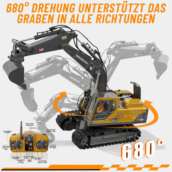 kolegend 3-in-1 Ferngesteuerter Bagger, 14-Kanal RC Bagger Spielzeug mit DREI Metallköpfen, 680° Dre