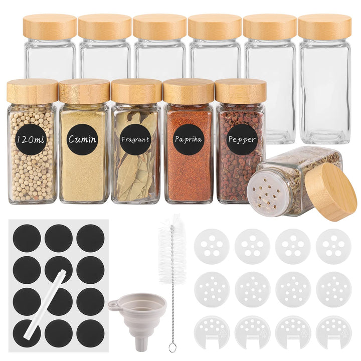 Withosent 12er Set Gewürzgläser Eckig mit Schraubkappe, 120ml Gewürzdosen mit Bambusdeckel, Gewürzst