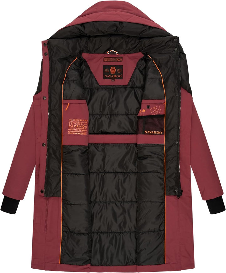 Navahoo Damen Mantel Lange warme Winter Steppjacke mit Kapuze Snowelf XS-XXL L Bordeaux, L Bordeaux