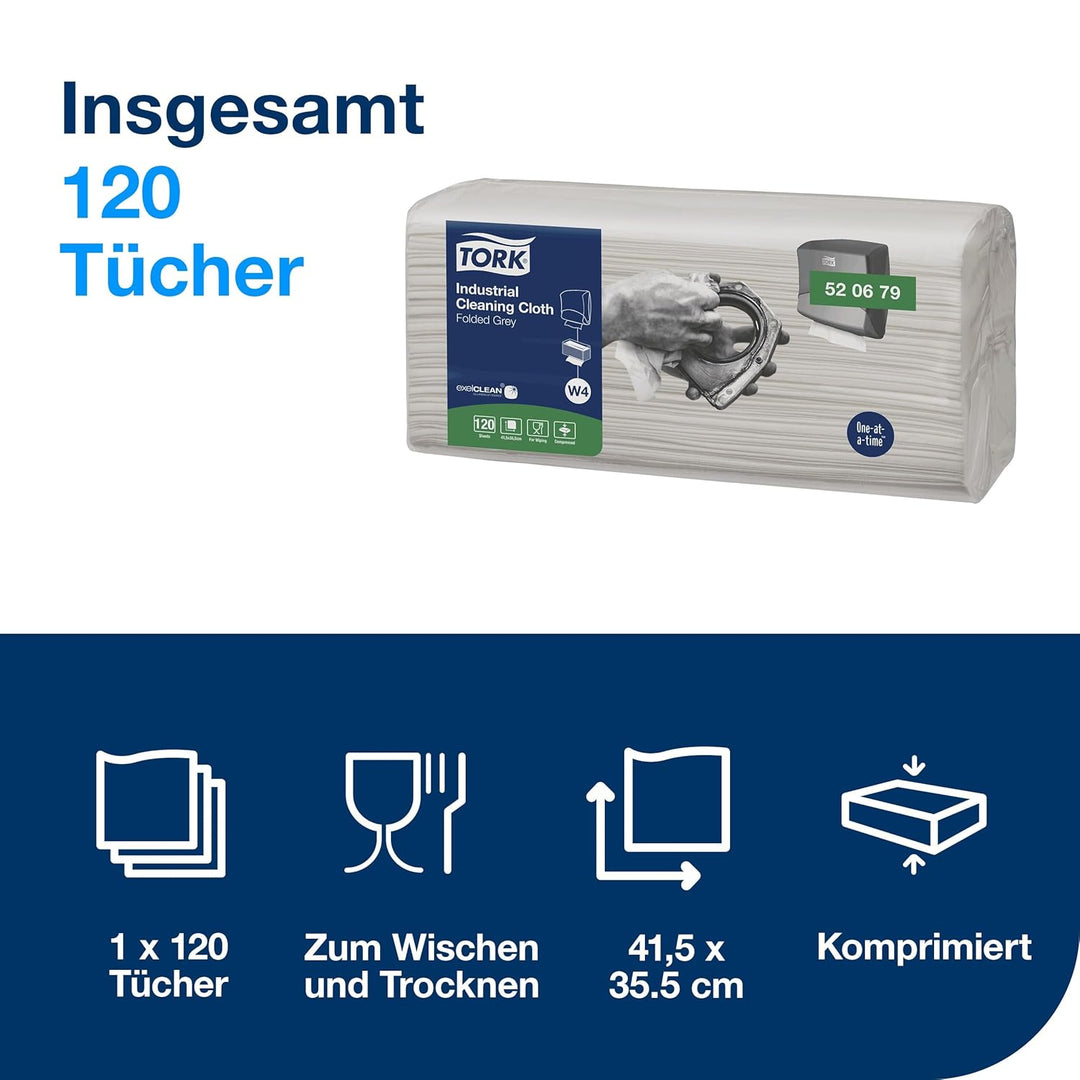 Tork Gefaltete Industrie Reinigungstücher Grau W4, flexibel und weich, 1 × 120 Tücher, 520679