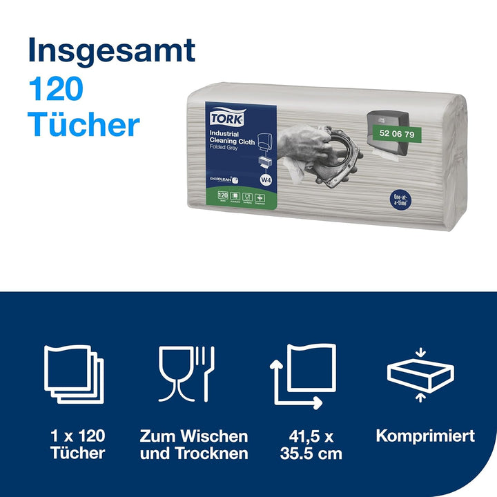 Tork Gefaltete Industrie Reinigungstücher Grau W4, flexibel und weich, 1 × 120 Tücher, 520679