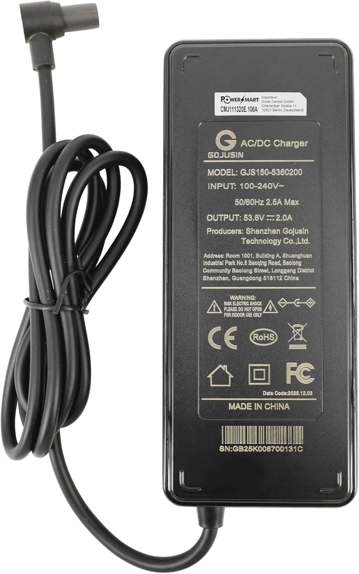 PowerSmart 53,6V 2A Ladekabel für 48V Lithium-Ionen Akkus, Schnellladegerät für Navee S65, N65i, S40