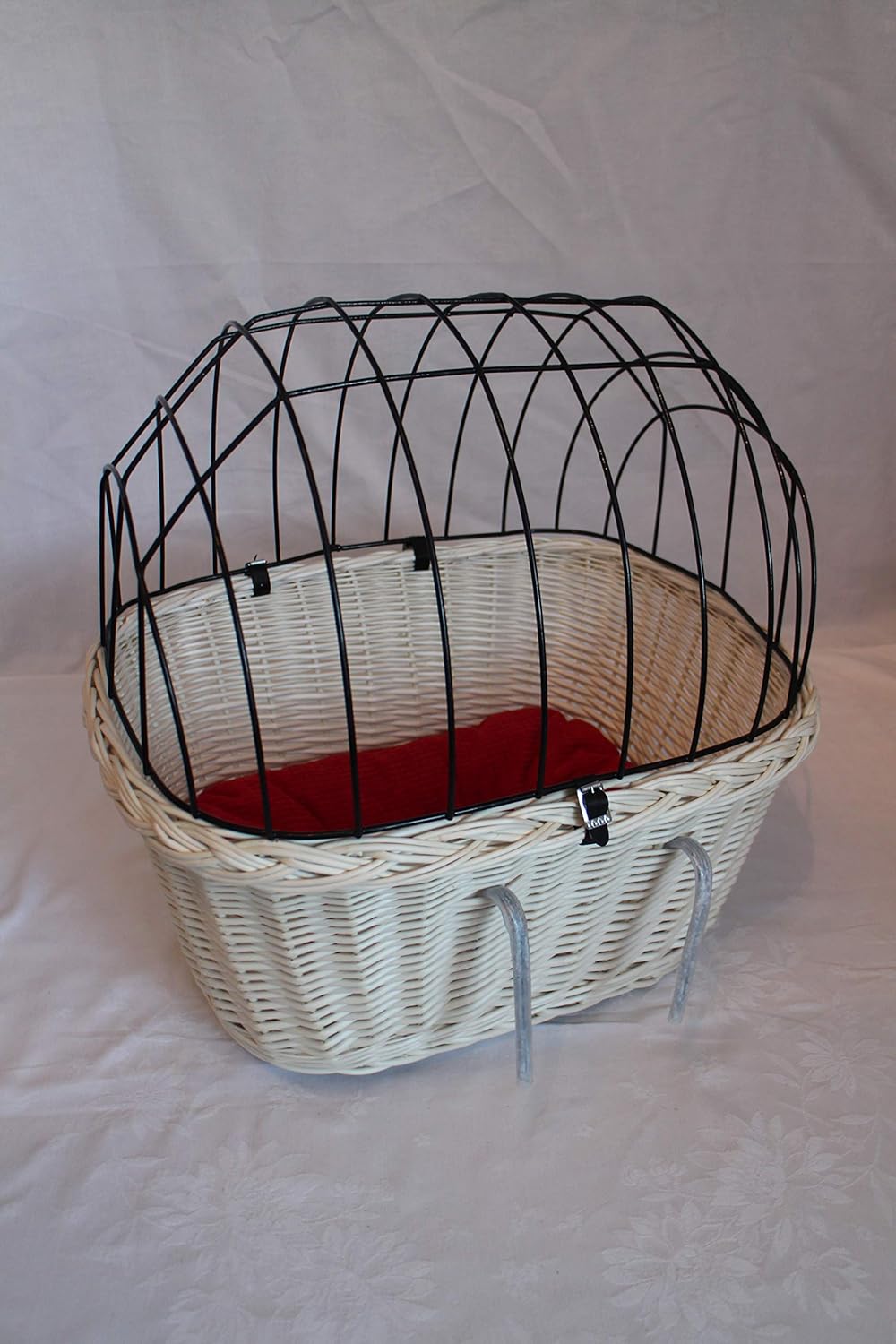 Hundefahrradkorb für Fahradlenker aus Weide mit Metallgitter und Kissen L, XL oder XXL weiss (XL mit
