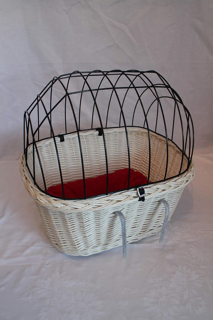 Hundefahrradkorb für Fahradlenker aus Weide mit Metallgitter und Kissen L, XL oder XXL weiss (XL mit