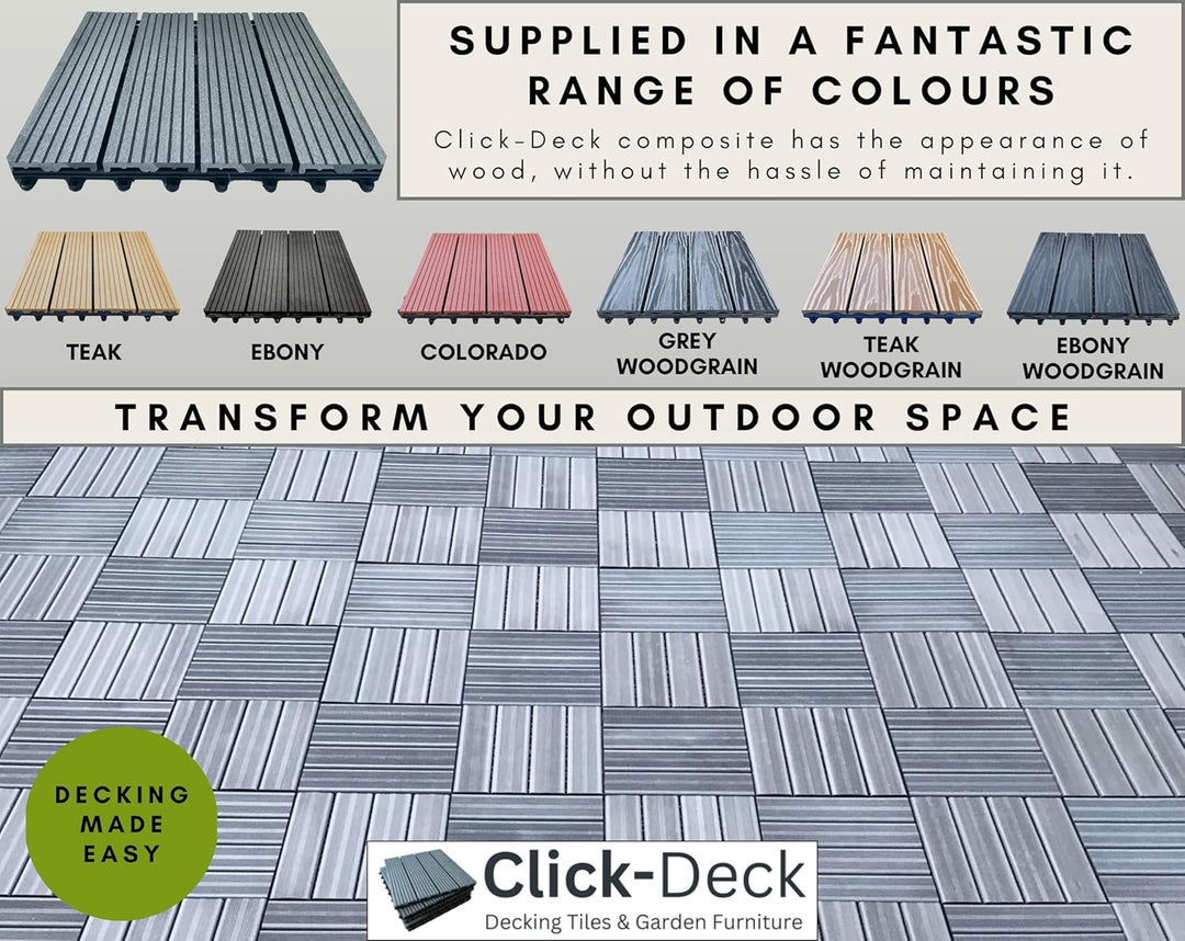 Terrassenfliesen aus Verbundmaterial, von „The Famous Click-Deck“, Ebenholz, Grau, Teakholz, für Ter