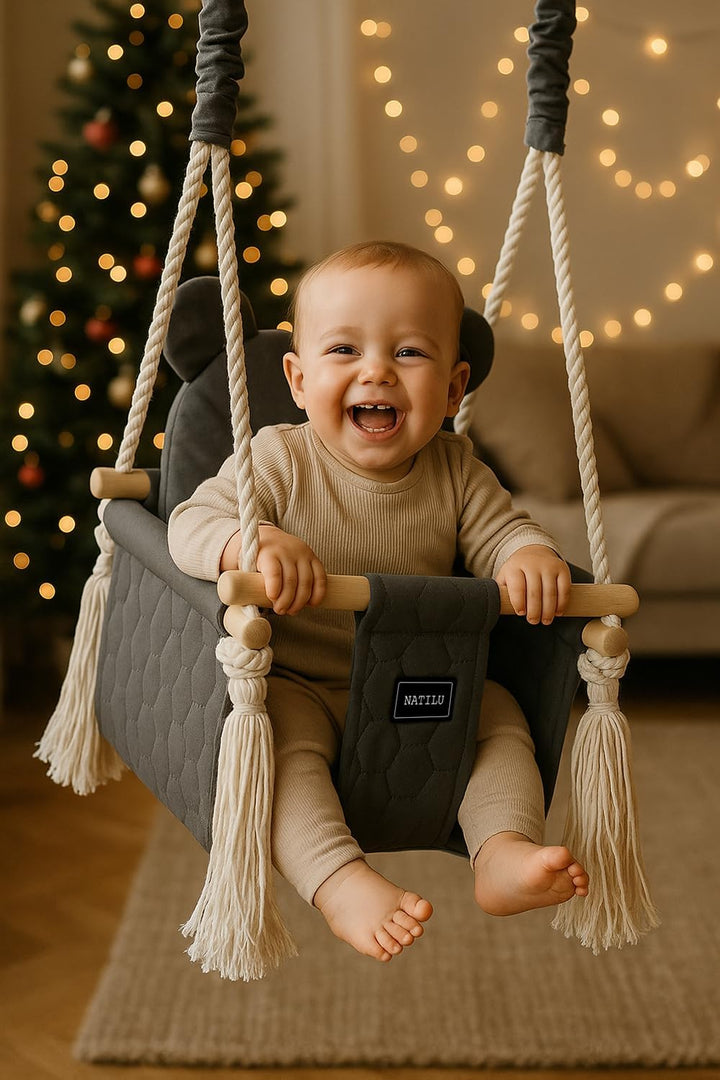 NATILU® Babyschaukel Set Indoor Outdoor | Bär Quilted Graphite | Schaukel | Kinderschaukel | Kinderg