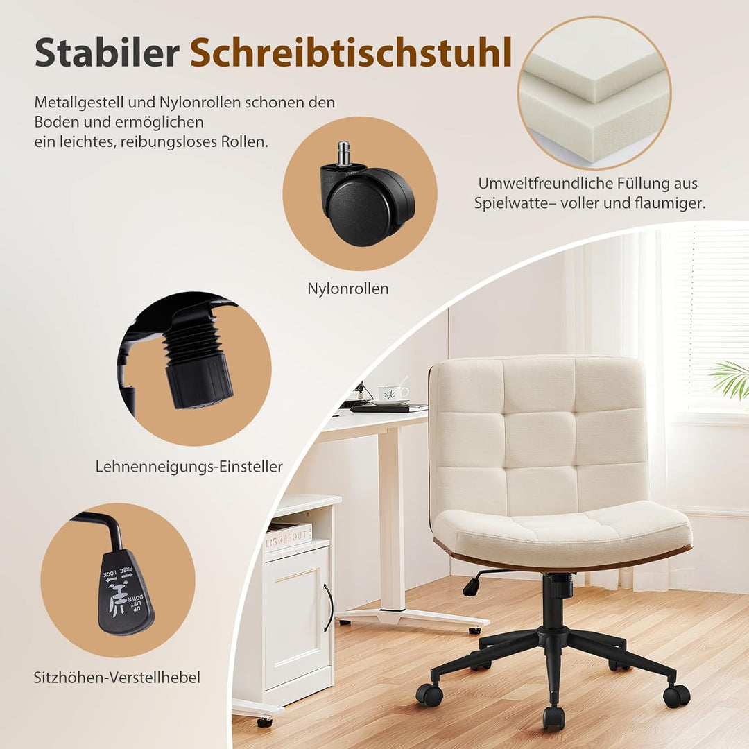 Bürostuhl Braun mit Stabiler Holzstützung, Schreibtischstuhl ohne Armlehne, Drehstuhl Büro mit Rolle