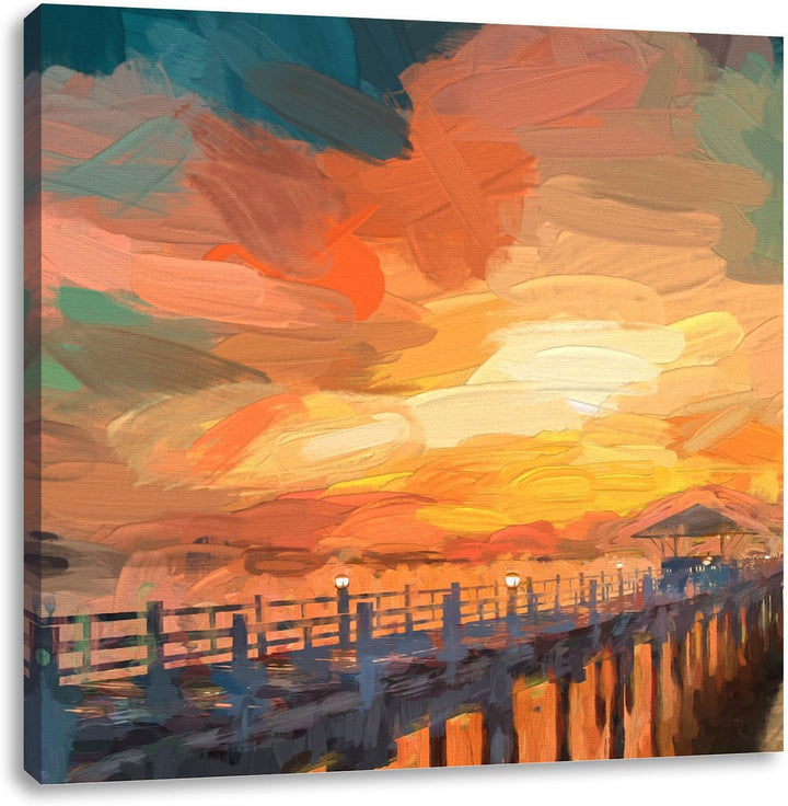 Pixxprint romantischer Steg ins Meer bei Sonnenuntergang Pinsel Effekt, Format: 70x70 auf Leinwand,