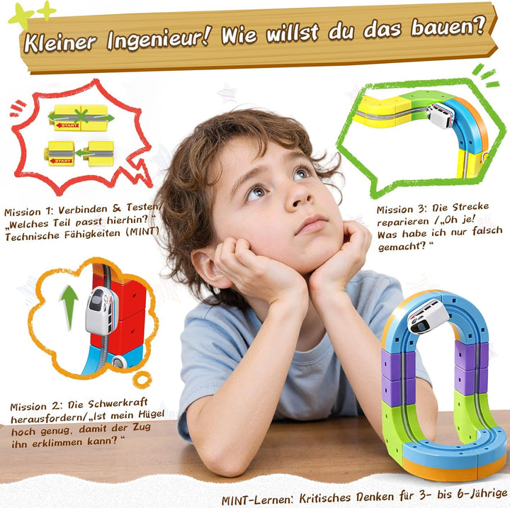 Cubix 3D Zug Set - Cube Track elektrische Kindereisenbahn mit Magic Rail System, STEM Spielzeugzug f