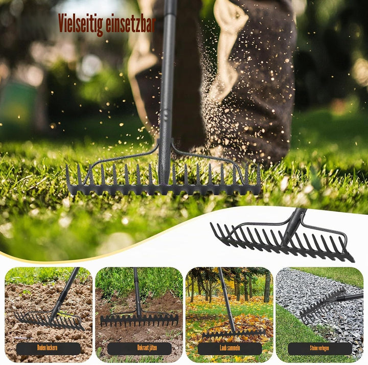 Garten Rechen, Metallharke mit 17 Zinken, Hochleistungs-Gartenharke 5 FT mit Edelstahlgriff, grau, 5