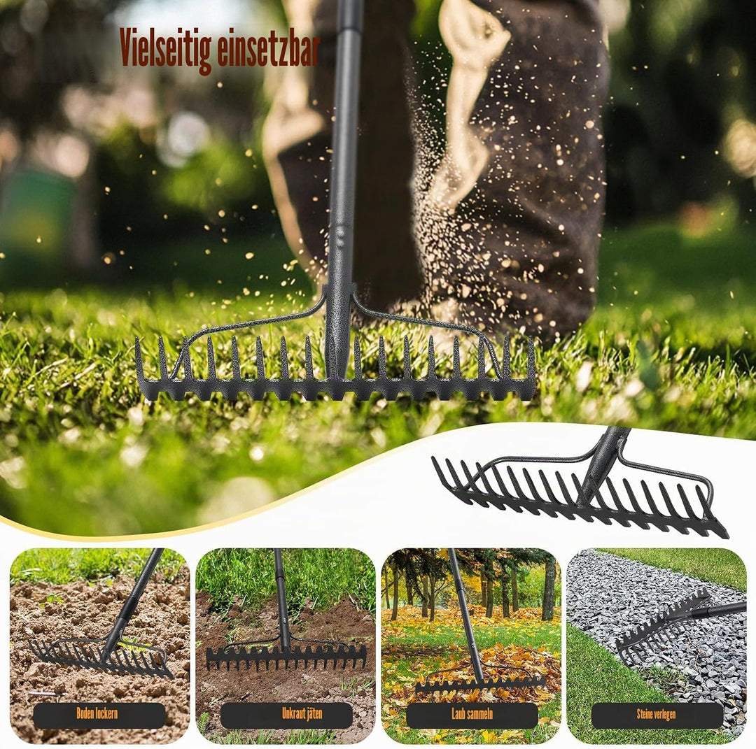 Garten Rechen, Metallharke mit 17 Zinken, Hochleistungs-Gartenharke 4 FT mit Edelstahlgriff, grau, 4