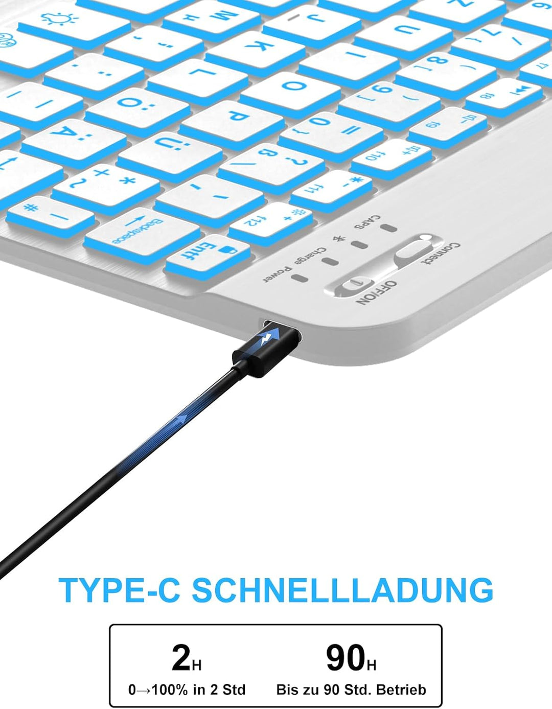 JADEMALL Für iPad Air 2 Tastatur Hülle mit 7-Farben LED, Deutsch QWERTZ Layout, abnehmbare Bluetooth
