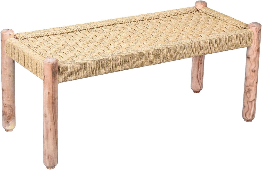 Marrakesch Sitzbank Bank aus Holz und Jute Josue 90 cm 2-Sitzer | Ideal im Garten Terrasse und Balko