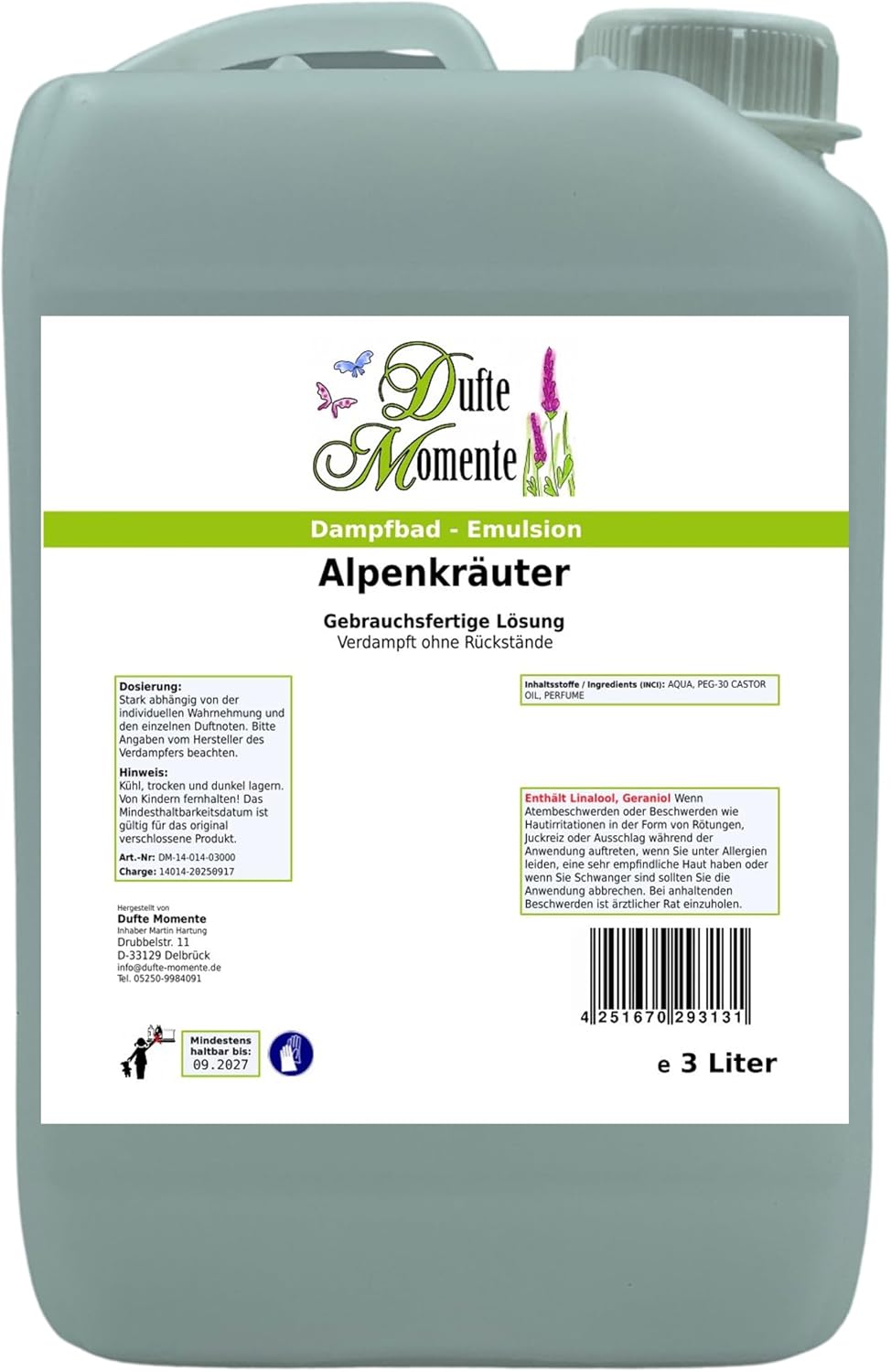 Dufte Momente Dampfbad-Emulsion 3 Liter Alpenkräuter | gebrauchsfertig | Hochwertige Formel | Für ge