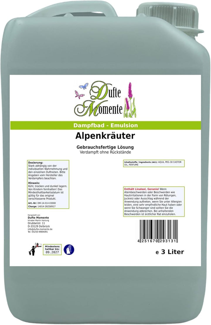 Dufte Momente Dampfbad-Emulsion 3 Liter Alpenkräuter | gebrauchsfertig | Hochwertige Formel | Für ge