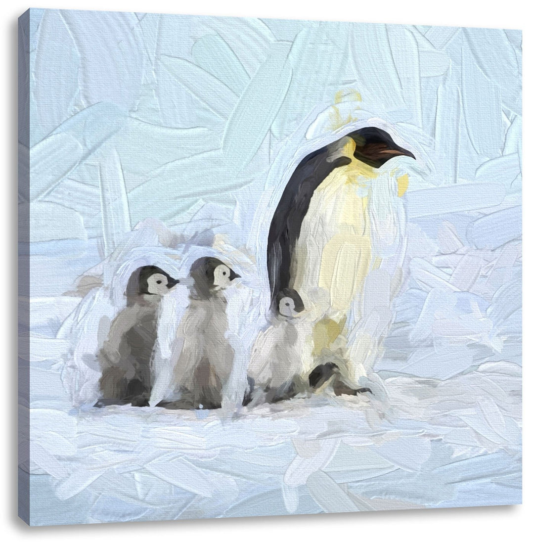 4 Kaiserpinguine im Schnee, Format: 70x70 auf Leinwand, XXL riesige Bilder fertig gerahmt mit Keilra