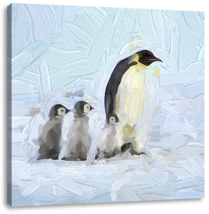 4 Kaiserpinguine im Schnee, Format: 70x70 auf Leinwand, XXL riesige Bilder fertig gerahmt mit Keilra