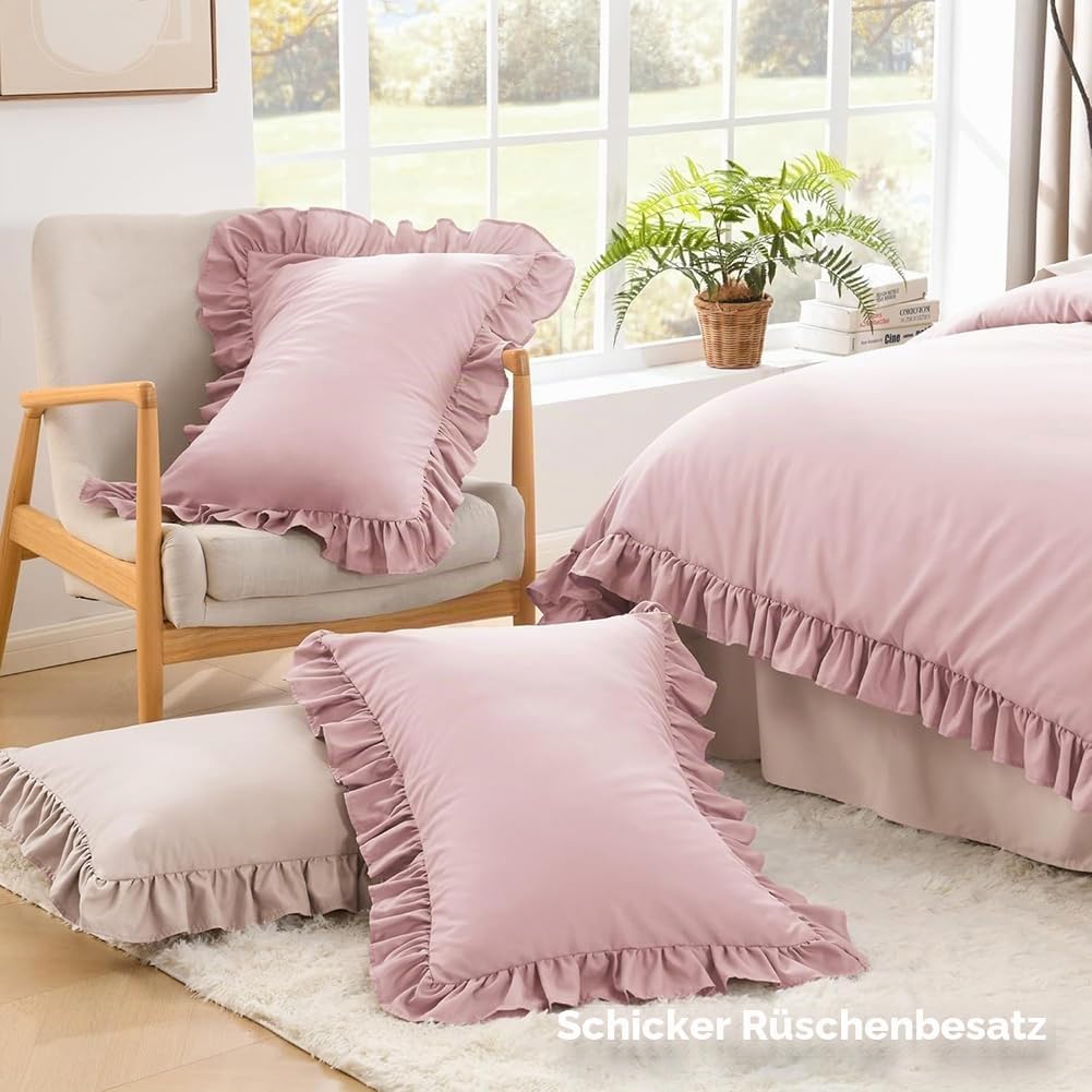 AShanlan Bettwäsche Rüschen 135x200cm Rosa Microfaser Bettbezug Romantisch Bettwäsche Set mit Kopfki