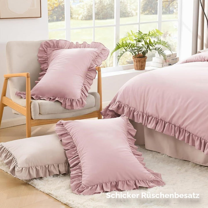 AShanlan Bettwäsche Rüschen 135x200cm Rosa Microfaser Bettbezug Romantisch Bettwäsche Set mit Kopfki