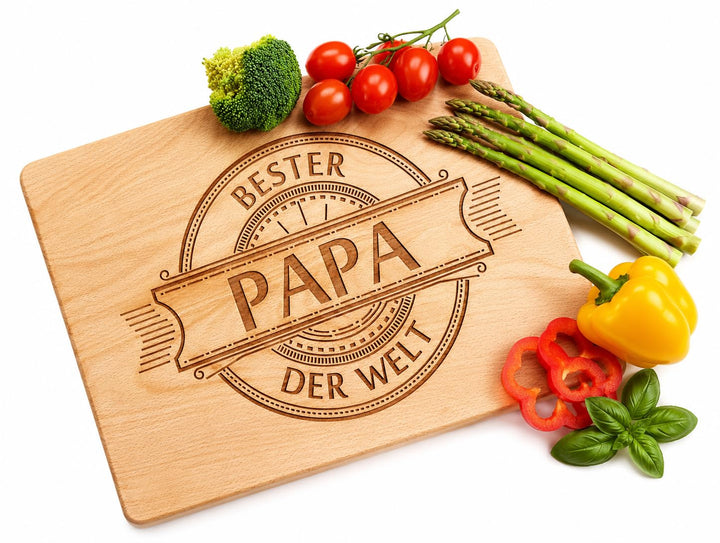 Grosses Hartholz Schneidebrett 38,5x30 cm für die BESTER PAPA DER WELT | Handgefertigt Holzbrett | G