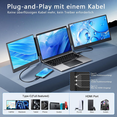 Tragbarer Monitor für Laptop, 14’’ Triple Laptop Screen Extender, FHD 1080p Portable Monitor Bildsch