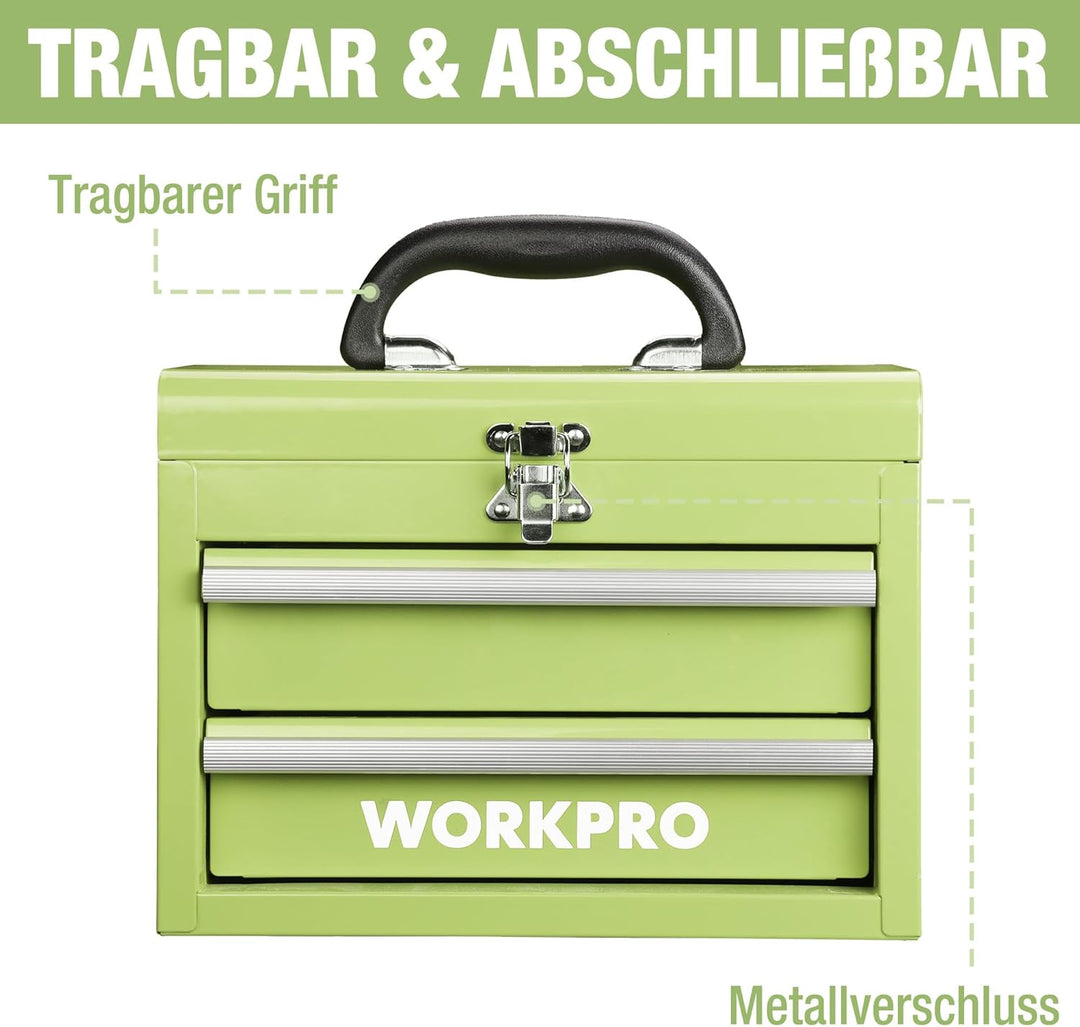WORKPRO Metall Schubladenbox mit 2 Schubladen & Oberer Stauraum Avocadogrün, 27,5x15x20,8cm Tisch Or