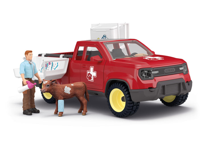 schleich FARM WORLD | Tierarzteinsatz auf dem Bauernhof 42727 | Set inkl. Pick-up, Tierarzt, Kuh & Z