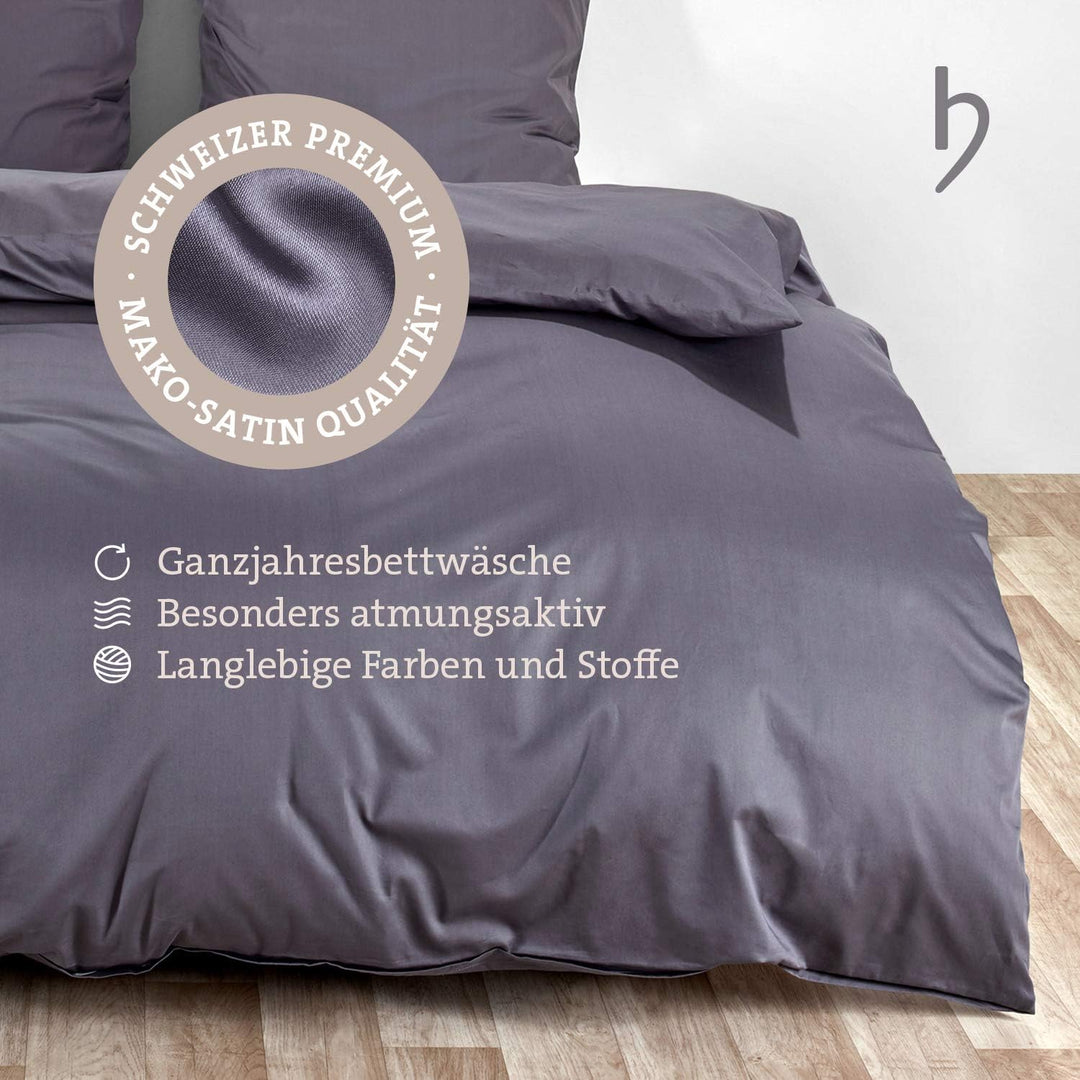 herzbach home Premium Mako-Satin Bettwäsche Set aus 100% Baumwolle (135 x 200 cm + 80 x 80 cm, Anthr