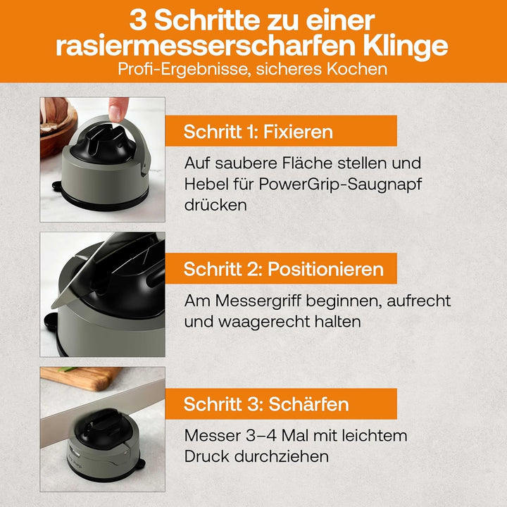 AnySharp Evo Messerschärfer, Freihändige Sicherheit, PowerGrip Saugnapf, Sicheres Schärfen aller Küc