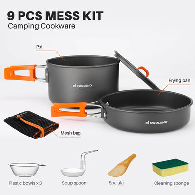 Odoland Camping Kochgeschirr Set, 9-Teilig Outdoor Geschirr Set mit Camping Topf, Camping Bratpfanne