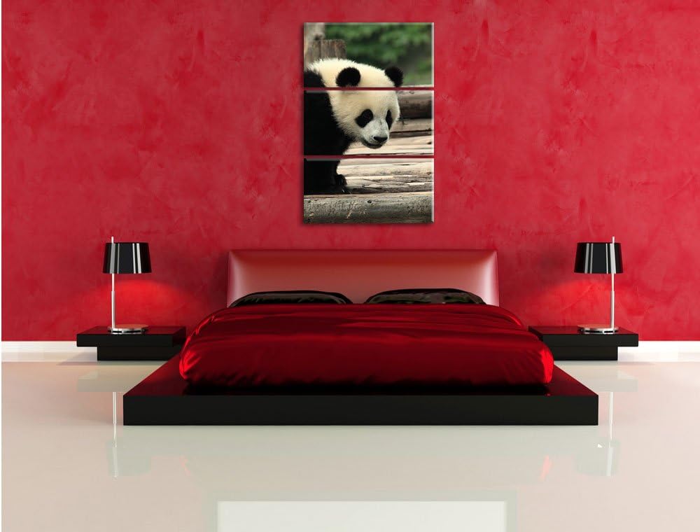 Pixxprint Panda auf Holzstämmen als Leinwandbild/Grösse: 3 Teilig (120x80) cm/Wandbild/Kunstdruck/fe