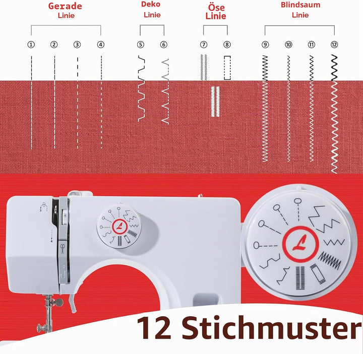 Nähmaschine für Anfänger &amp; Kinder, Kleine nähmaschinen Mit 12 Stichprogrammen, Mini Sewing Machine T