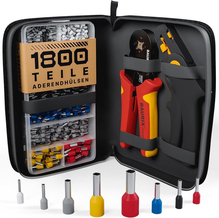 BAURIX® Crimpzange Set mit 1800 Aderendhülsen Set und Abisolierzange I Aderendhülsenzange selbsteins