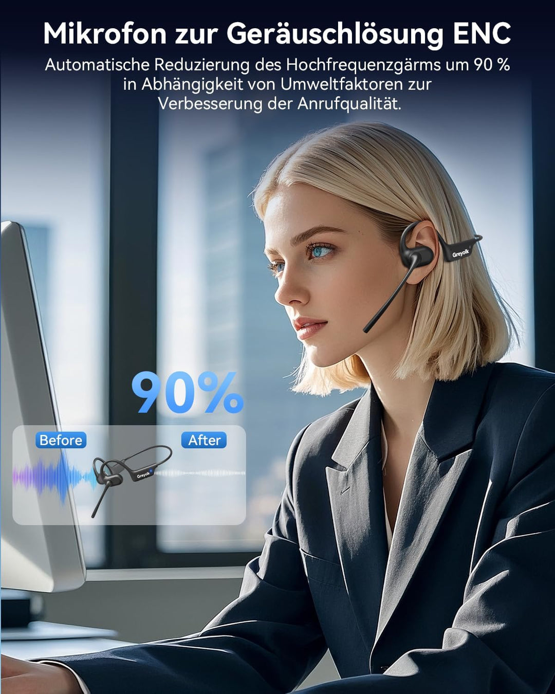 Bluetooth-Kopfhörer mit Mikrofon, offene Ohr Kopfhörer w/Geräuschdämpfungsmikrofon für Telefon PC Co