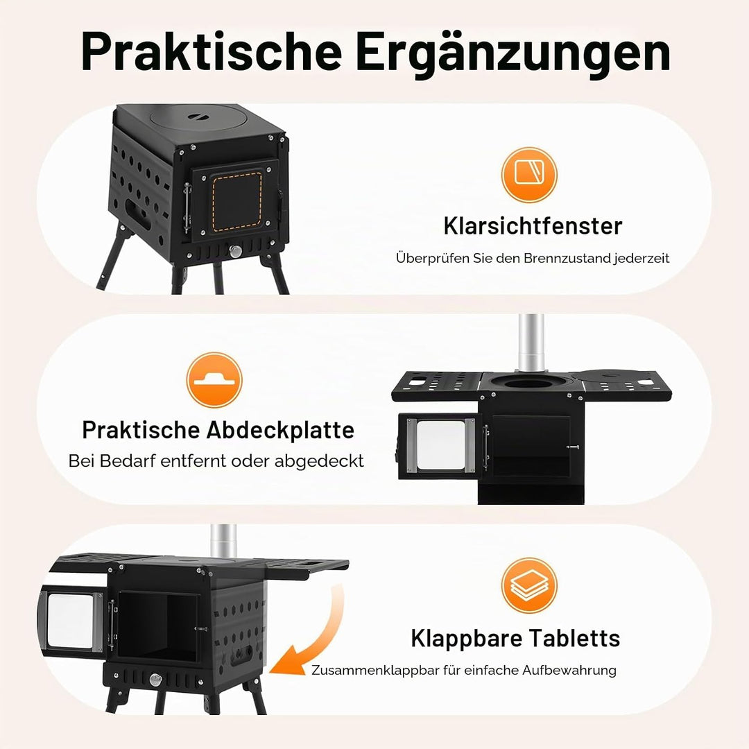 Klappbarer Camping Holzofen Zeltofen, Tragbarer Zeltkocher, Campingkocher mit Schornsteinrohre, Gart
