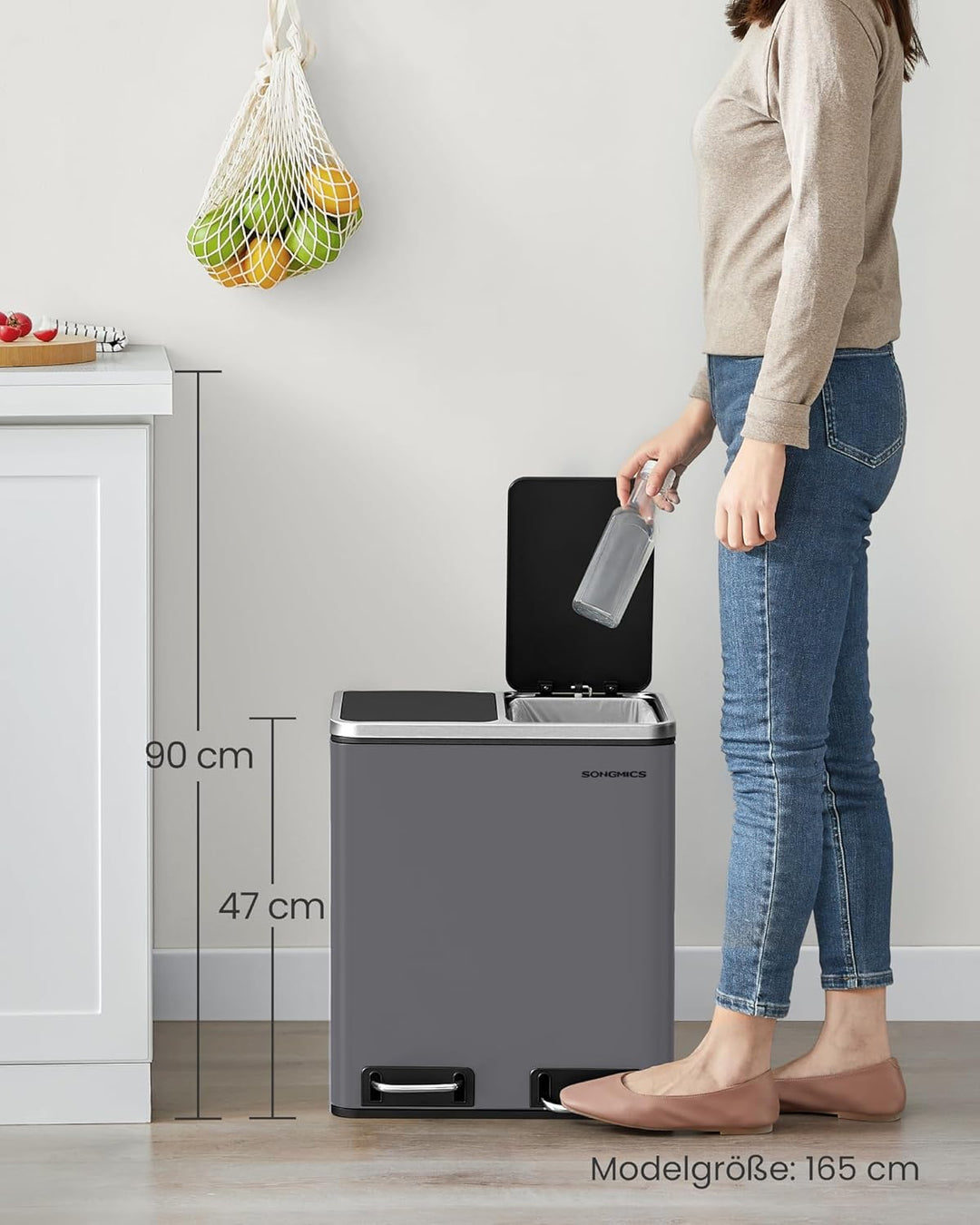 SONGMICS Mülleimer Küche, 2 x 15 Liter, Mülltrennsystem 2 Fächer, inklusive 15 Müllbeutel, Abfalleim
