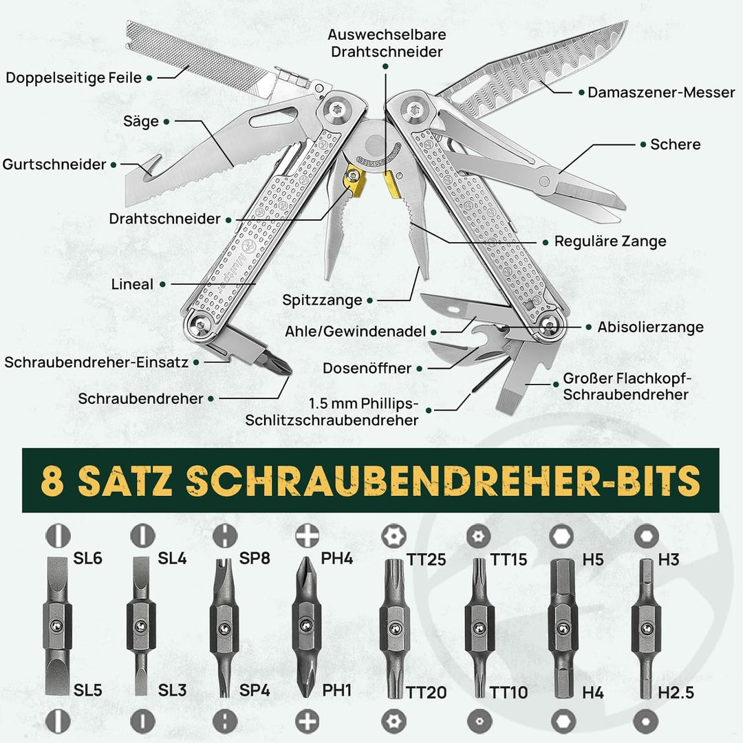 Multitool Werkzeug, Geschenke für Männer, Aufgerüstetes Multi Tool Edelstahl Faltbares mit Damastmes