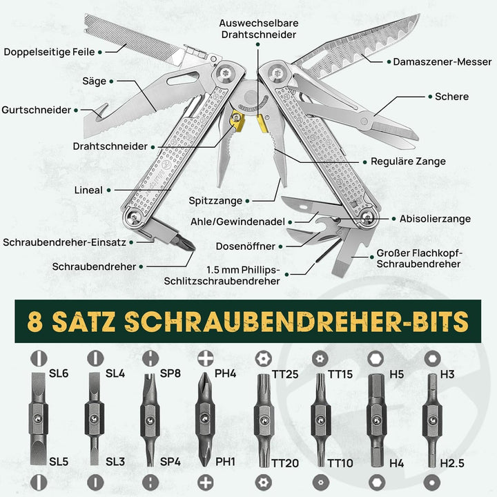Multitool Werkzeug, Geschenke für Männer, Aufgerüstetes Multi Tool Edelstahl Faltbares mit Damastmes