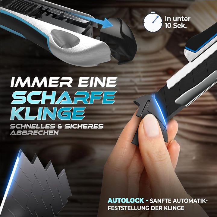 KRAFTFELS Cuttermesser Profi 5er Set - Robustes Cuttermesser 18mm inklusive 10 extrem scharfen Cutte