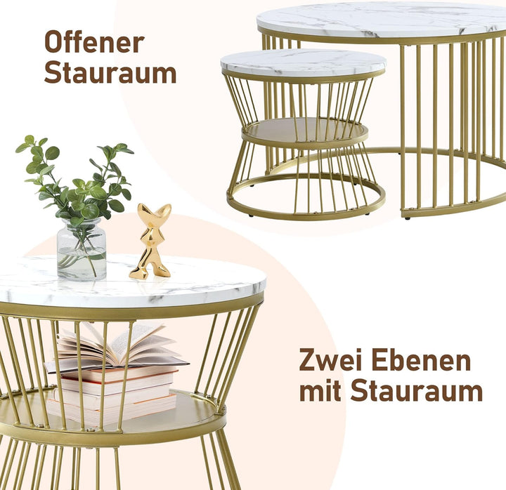 Merax Runder Couchtisch 2er Set, Moderne Beistelltisch mit Hochglanz Marmorstruktur für Wohnzimmer,
