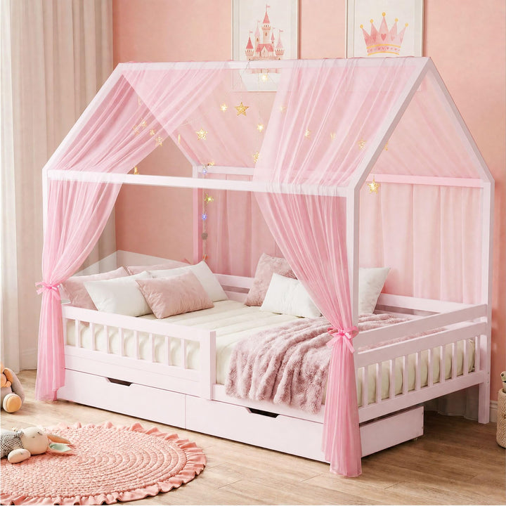 2 Stück Hausbett Himmel Set, Betthimmel für Hausbett Deko, Bett Vorhang für Mädchen und Jungen im Ki