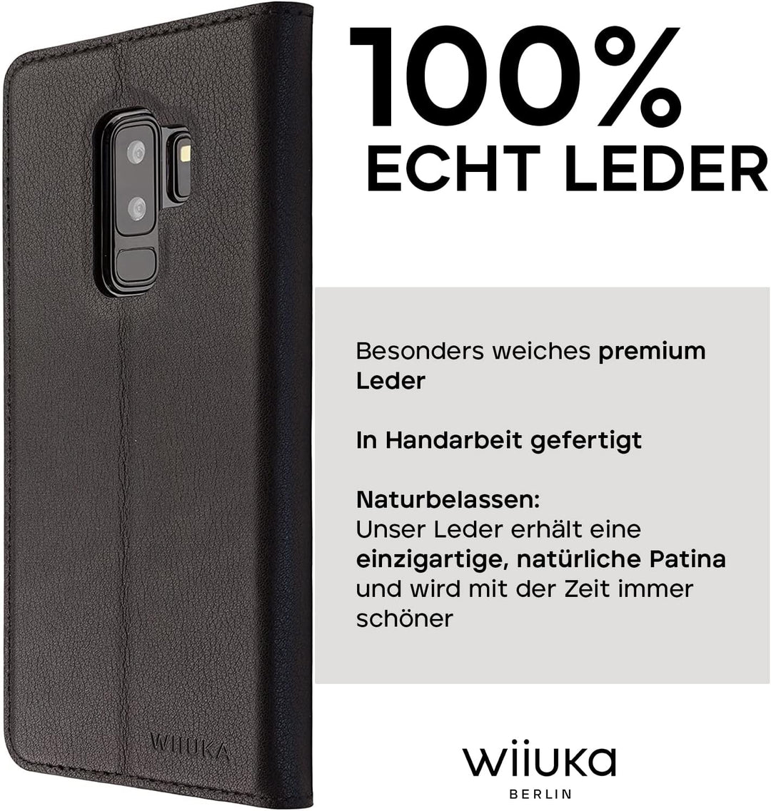 WIIUKA Echt Ledertasche -TRAVEL- für Samsung Galaxy S9+ Plus, mit Kartenfach, extra Dünn, Tasche Sch