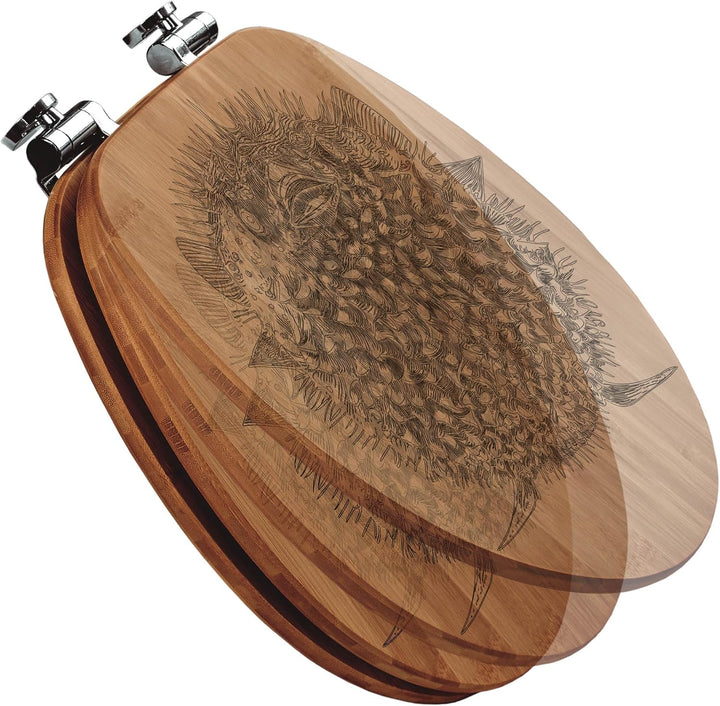 banjado® Hochwertig gravierter Design WC Sitz Bambus Absenkautomatik Kugelfisch/Toilettendeckel mit