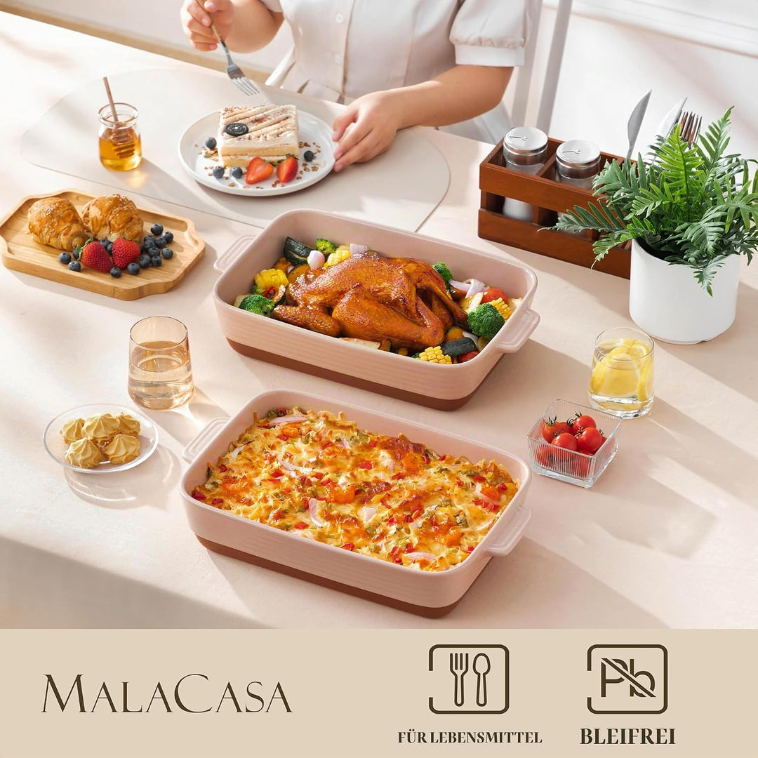 MALACASA, Serie TARA, Rosa Auflaufform Gross, 4.5L Backformen, Auflaufformen rechteckig aus Steingut
