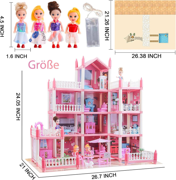 Grosses Puppenhaus für Mädchen von 3–12 Jahren, 11 Zimmer, Puppenhaus mit Beleuchtung, Spielmatte, P