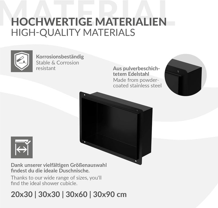 LuxeBath Wandnische aus Edelstahl, 20x30x10 cm, Schwarz, Duschnische, Randlos, Einbauregal, Flexible