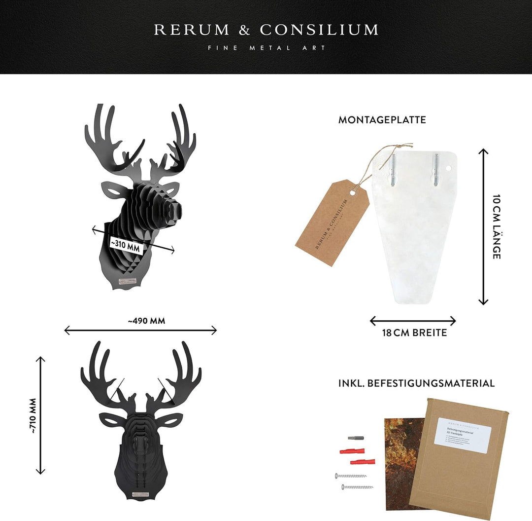 Rerum &amp; Consilium Hirsch Wanddeko in Schwarz I Made in Germany I 49 x 70 x 31 cm I 11 kg Eigengewich