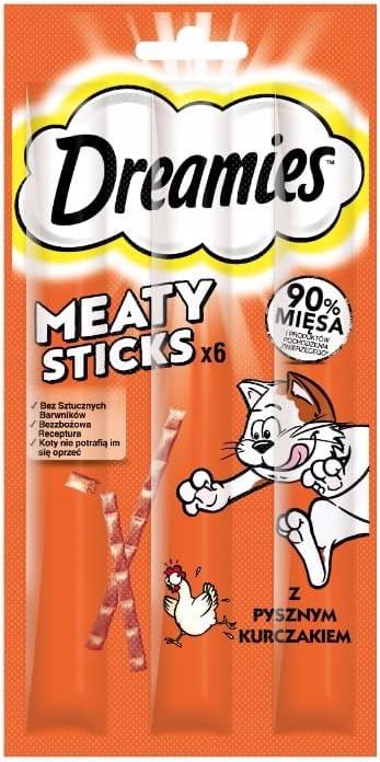 Dreamies Meaty Sticks Katzensnack mit Huhn Belohnung für verspielte Samtpfoten 14 x 30g (14 x 6 Stüc
