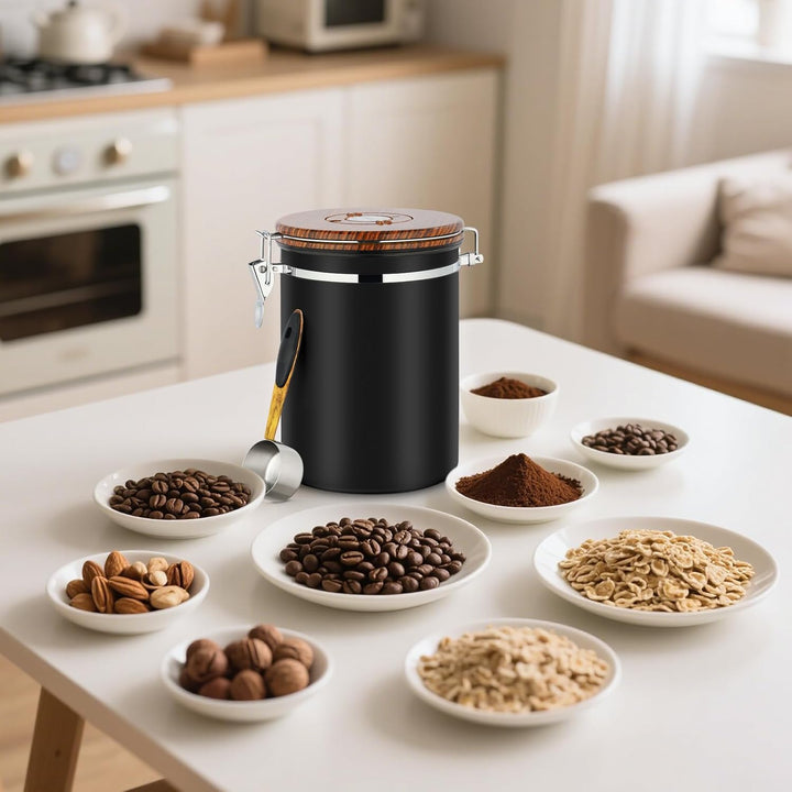 Kaffeedose Luftdicht 1kg Bohnen, 2,8 L Kaffeebohnenbehälter aus Edelstahl mit Deckel aus Holzmaserun