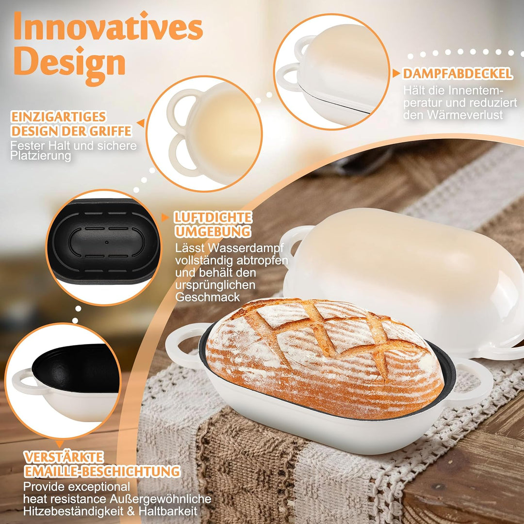 Gusseisen Brotbackform mit Deckel, 23 cm Emaille Gusseisen Topf Brot Backen, Bräter mit Deckel 2,75
